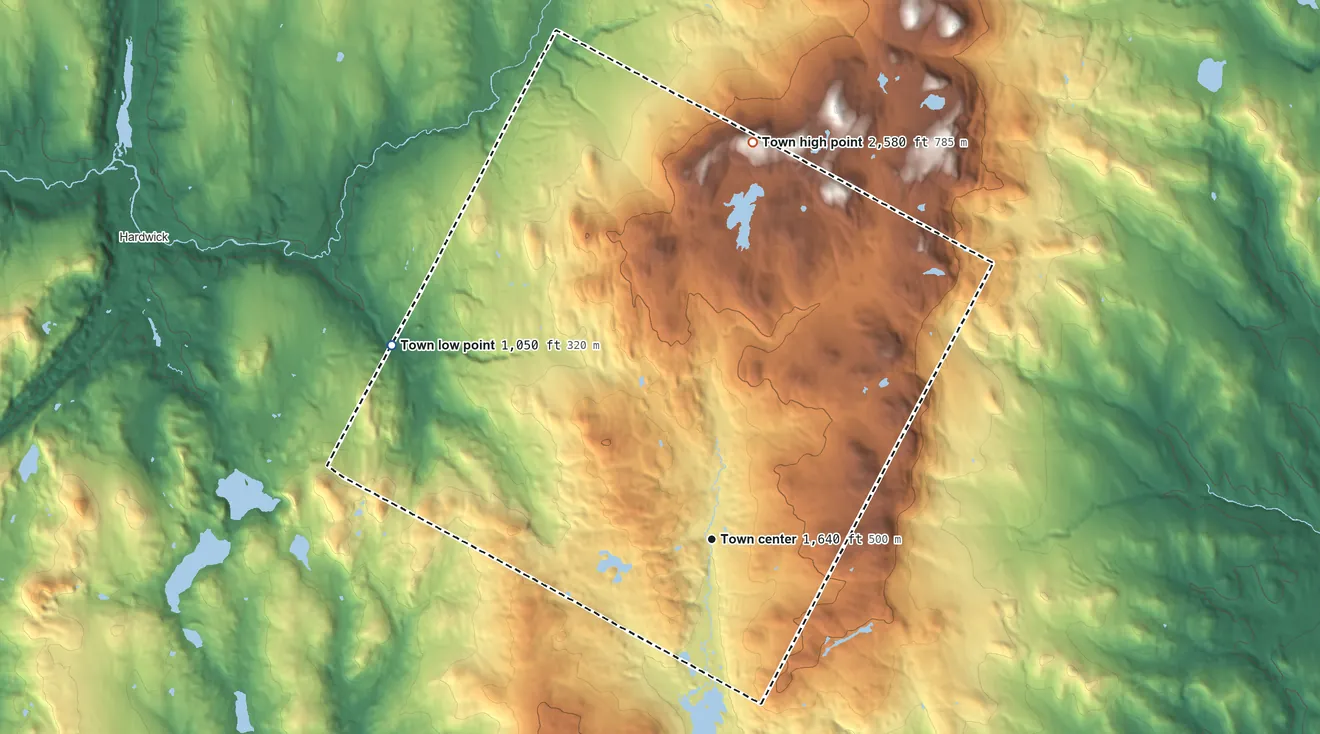 Topographic elevation map of Walden, Vermont, shaded from 1,050 ft on the northwest side to 2,580 ft on the north side