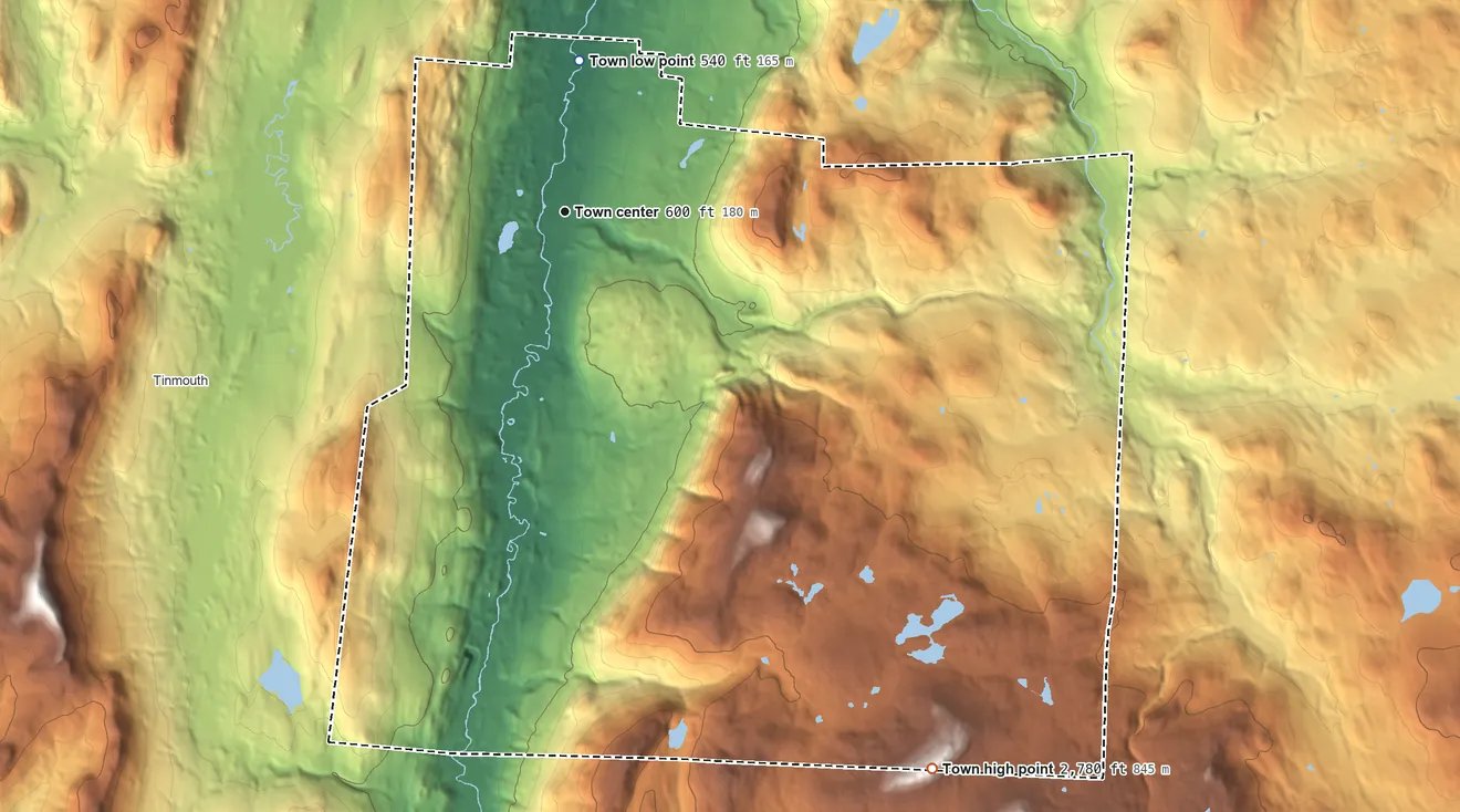 Topographic elevation map of Wallingford, Vermont, shaded from 540 ft on the north side to 2,780 ft on the southeast edge, below higher ground just outside