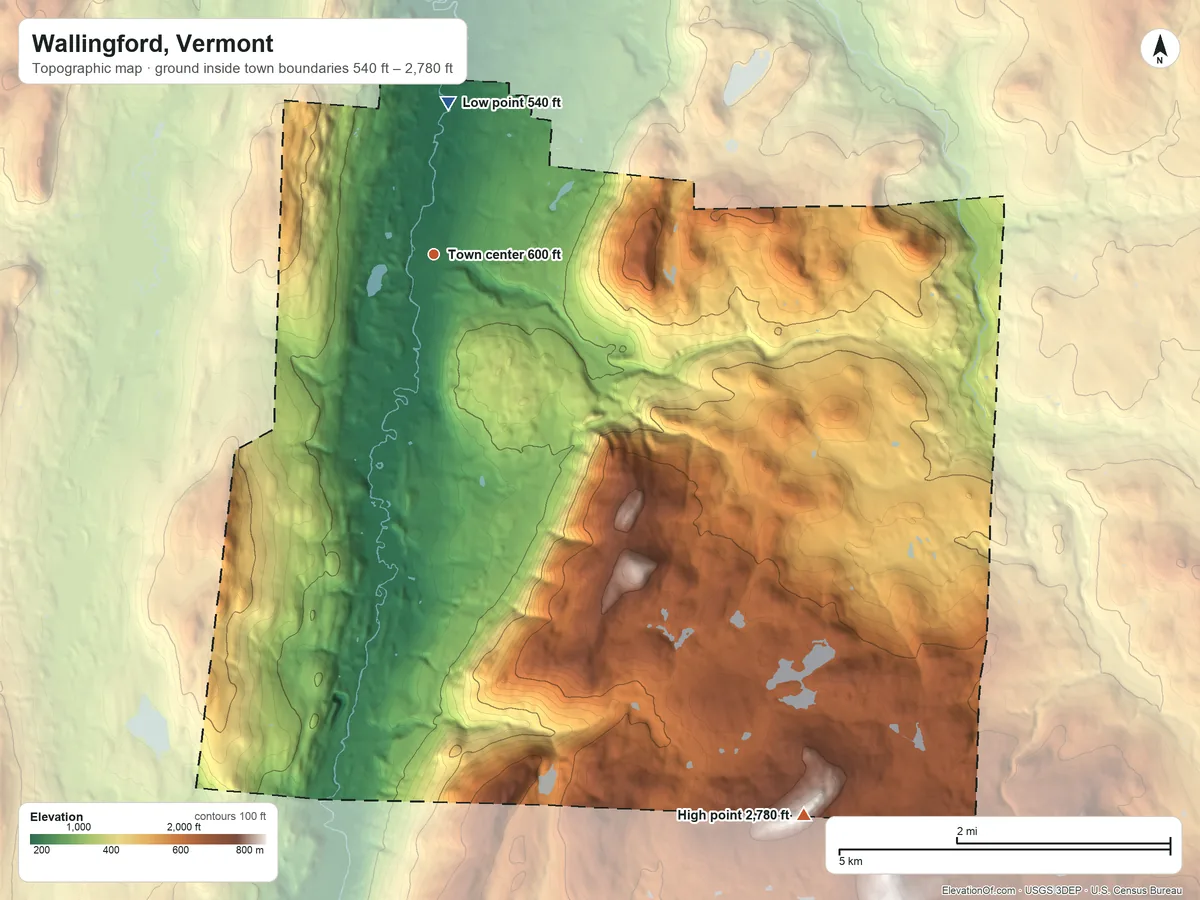 Topographic elevation map of Wallingford, Vermont, shaded from 540 ft on the north side to 2,780 ft on the southeast edge, below higher ground just outside