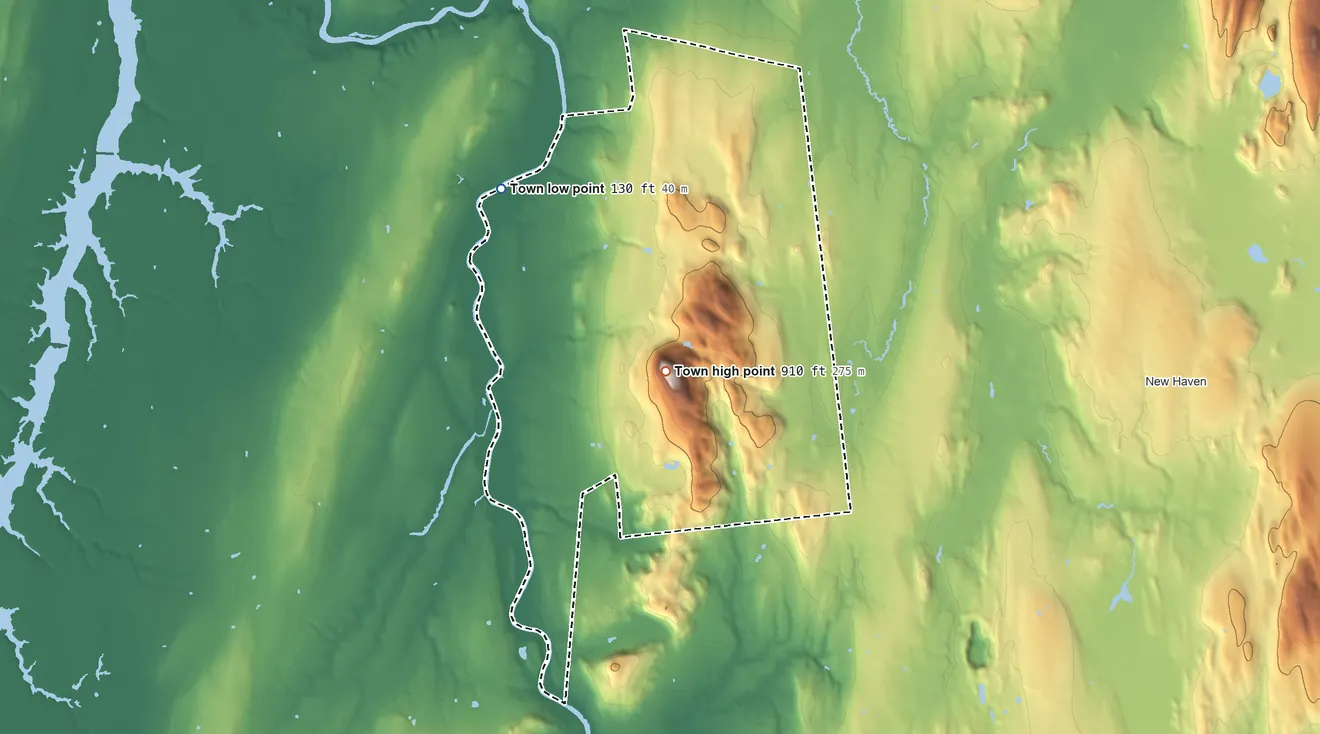 Topographic elevation map of Waltham, Vermont, shaded from 130 ft on the west side to 910 ft on Buck Mountain