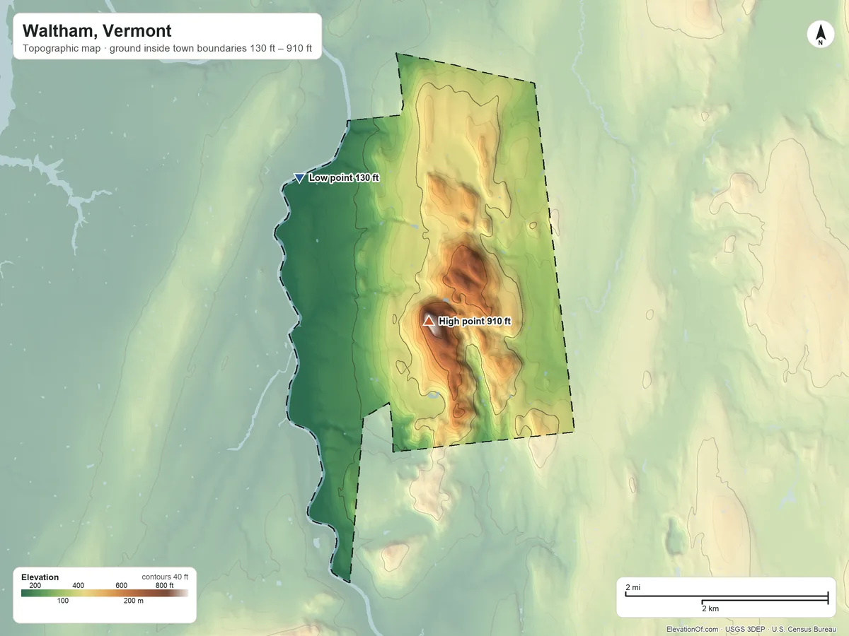 Topographic elevation map of Waltham, Vermont, shaded from 130 ft on the west side to 910 ft on Buck Mountain