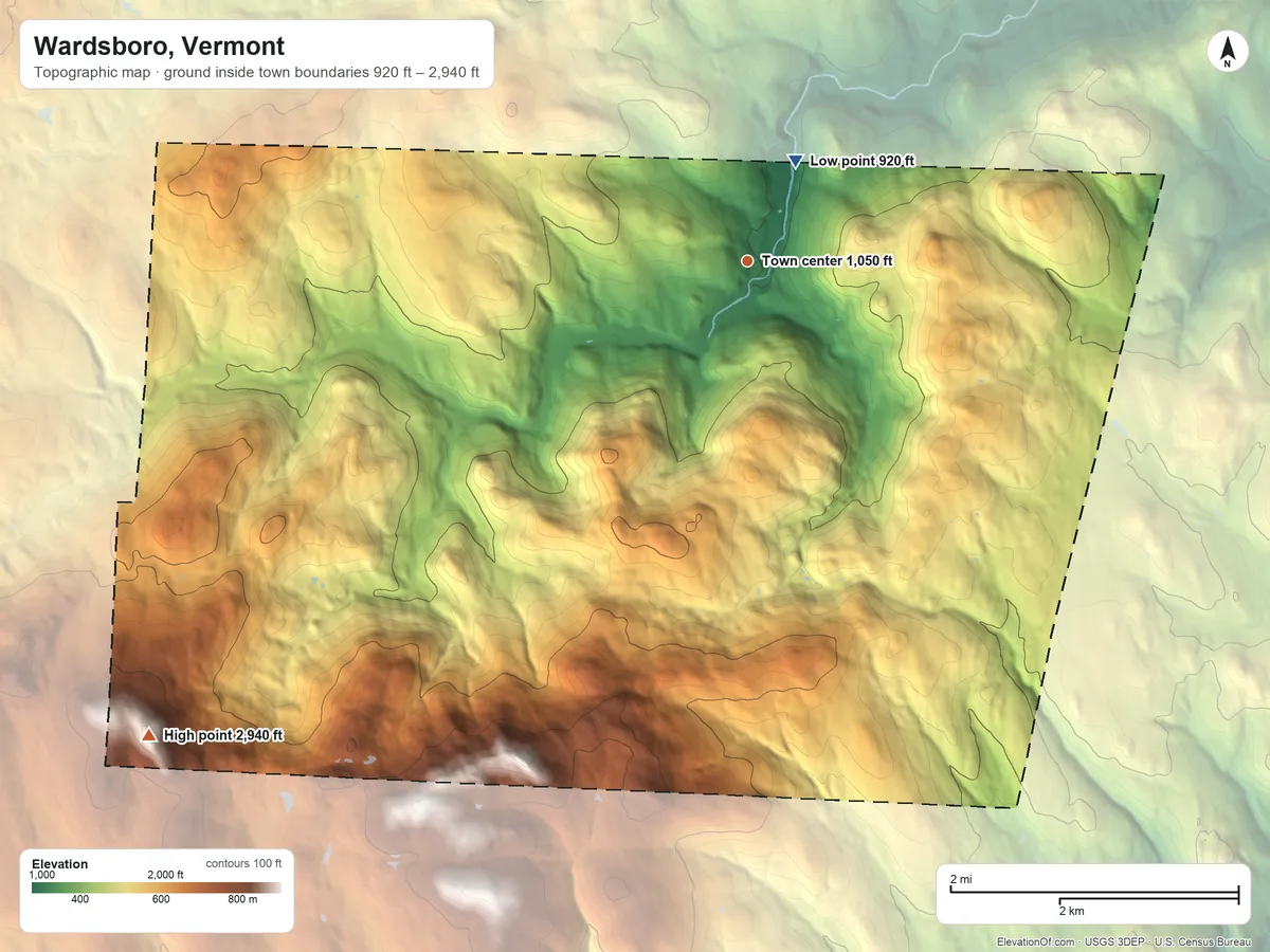Topographic elevation map of Wardsboro, Vermont, shaded from 920 ft near the middle to 2,940 ft on the southwest side