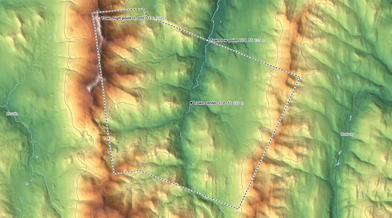 Topographic elevation map of Warren, Vermont, shaded from 770 ft on the north side to 4,080 ft on Mount Ellen