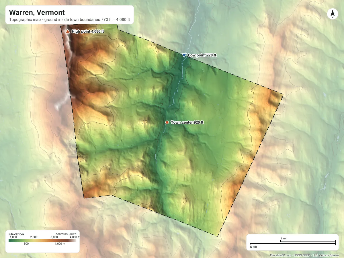Topographic elevation map of Warren, Vermont, shaded from 770 ft on the north side to 4,080 ft on Mount Ellen