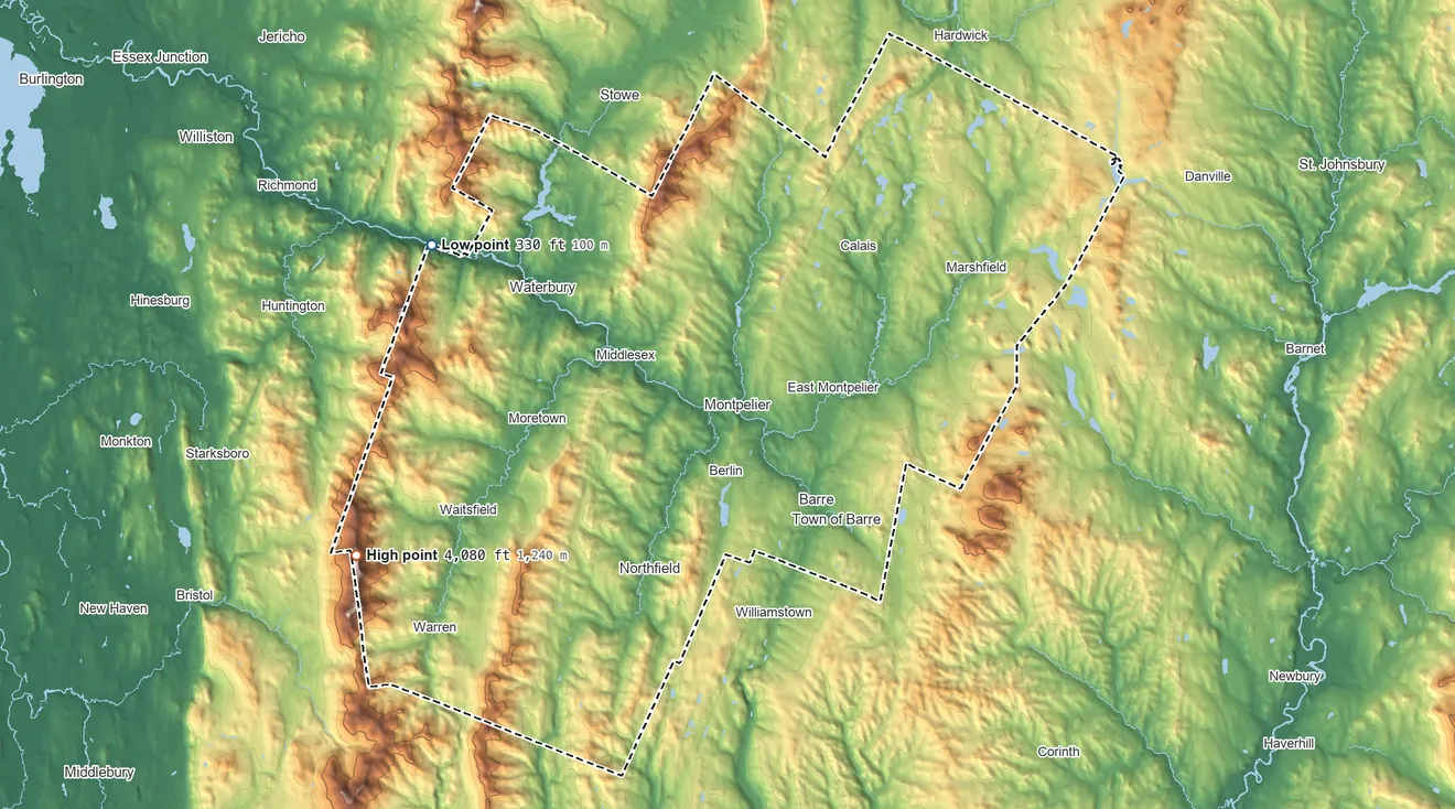 Topographic elevation map of Washington County, Vermont, shaded from 330 ft on the northwest side to 4,080 ft on Mount Ellen