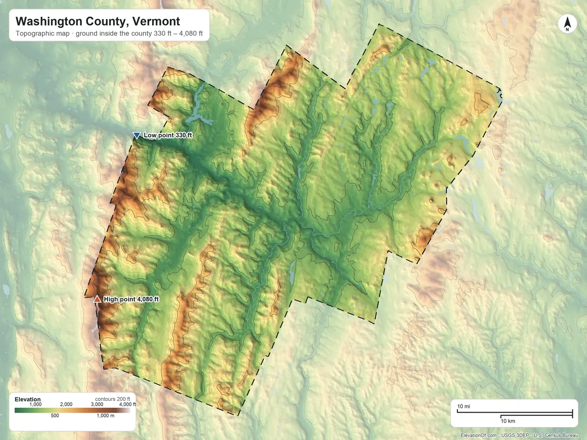 Topographic elevation map of Washington County, Vermont, shaded from 330 ft on the northwest side to 4,080 ft on Mount Ellen