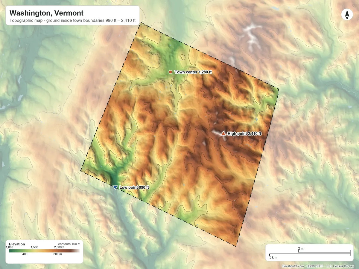 Topographic elevation map of Washington, Vermont, shaded from 990 ft on the southwest side to 2,410 ft on Michigan Hill