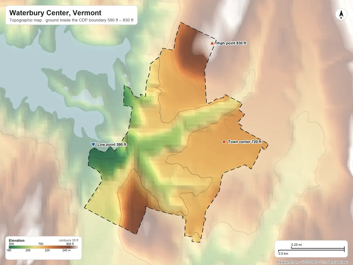 Topographic elevation map of Waterbury Center, Vermont, shaded from 590 ft on the west side to 830 ft at the foot of the Worcester Mountains