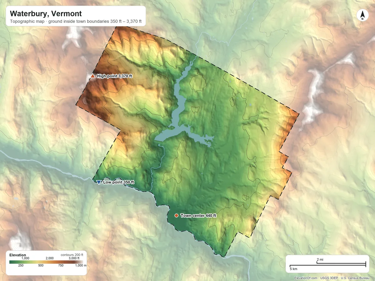 Topographic elevation map of Waterbury, Vermont, shaded from 350 ft on the northwest side to 3,370 ft on Ricker Mountain