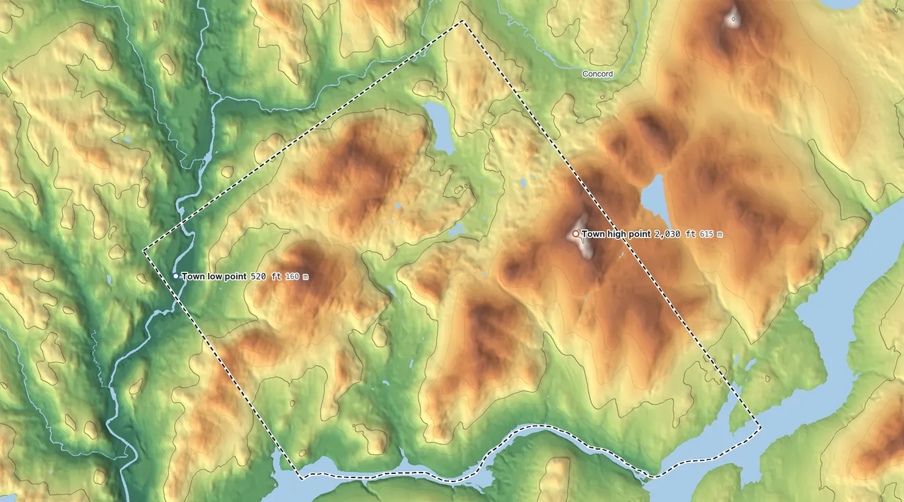 Topographic elevation map of Waterford, Vermont, shaded from 520 ft on the west side to 2,030 ft on Fuller Hill