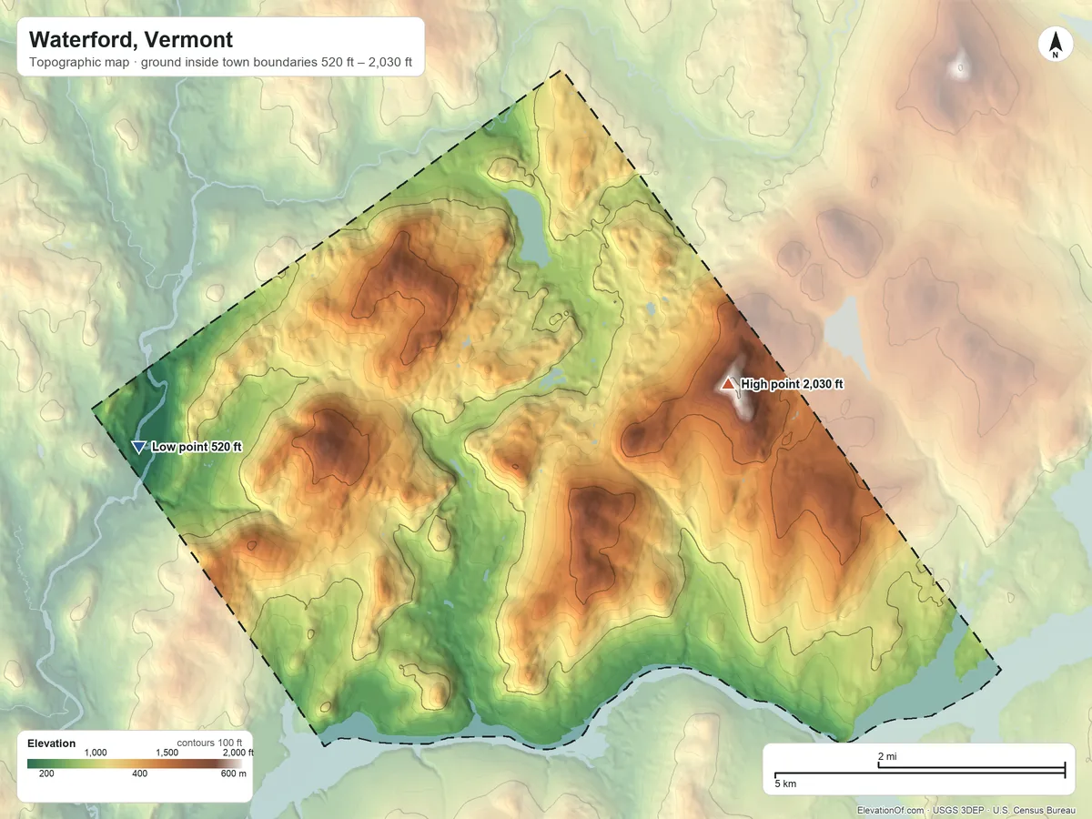 Topographic elevation map of Waterford, Vermont, shaded from 520 ft on the west side to 2,030 ft on Fuller Hill