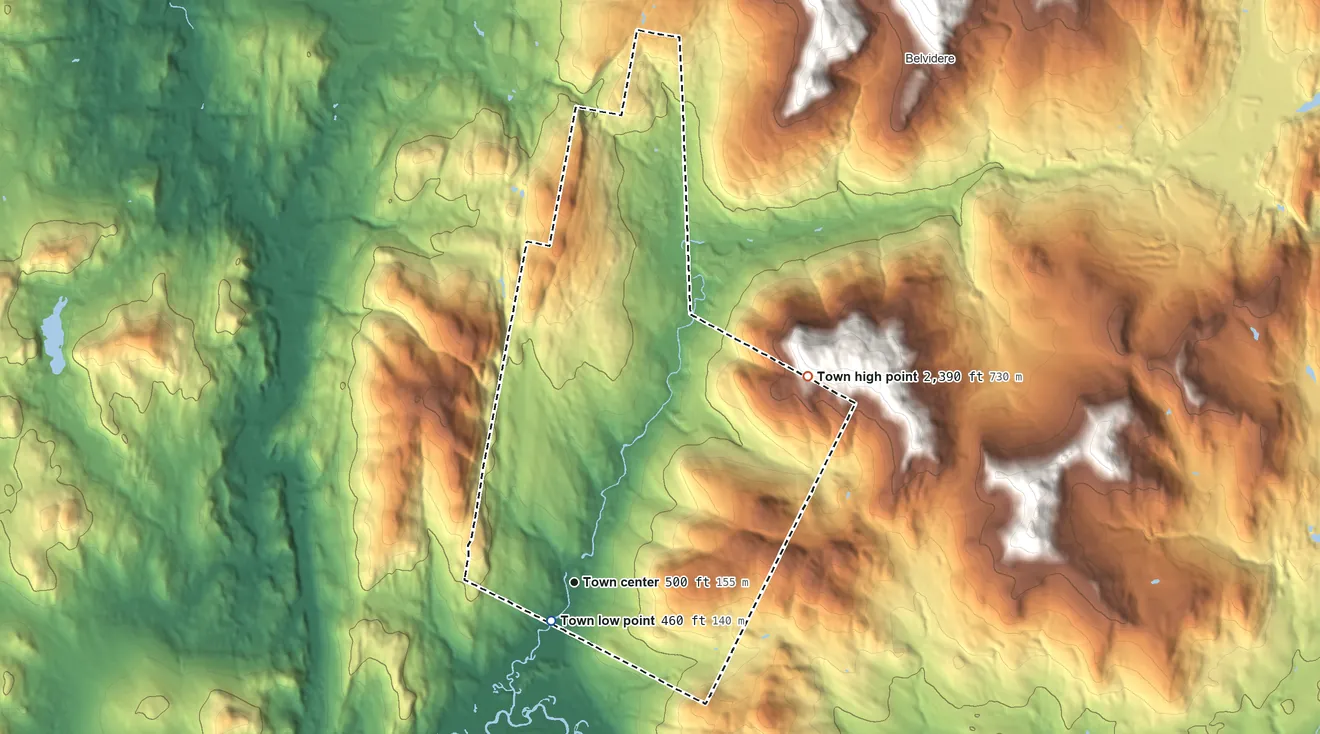 Topographic elevation map of Waterville, Vermont, shaded from 460 ft near the middle to 2,390 ft at the foot of the Cold Hollow Mountains