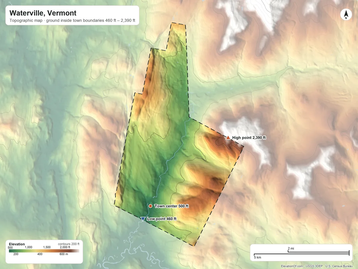 Topographic elevation map of Waterville, Vermont, shaded from 460 ft near the middle to 2,390 ft at the foot of the Cold Hollow Mountains