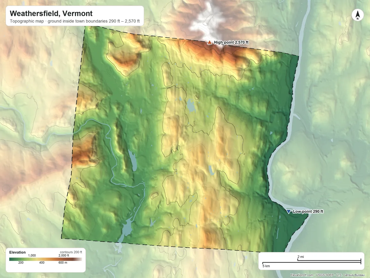 Topographic elevation map of Weathersfield, Vermont, shaded from 290 ft on the southeast side to 2,570 ft on the north edge, below higher ground just outside