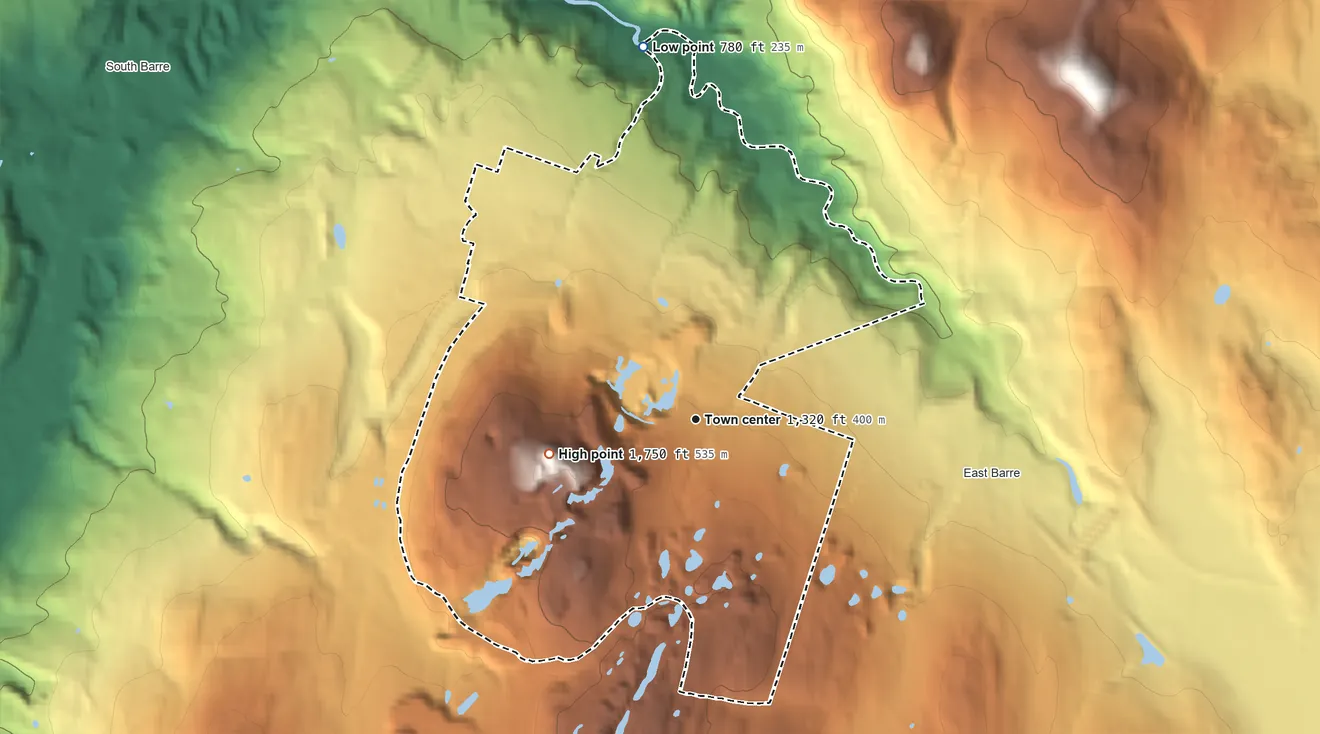 Topographic elevation map of Websterville, Vermont, shaded from 780 ft on the north side to 1,750 ft on Millstone Hill