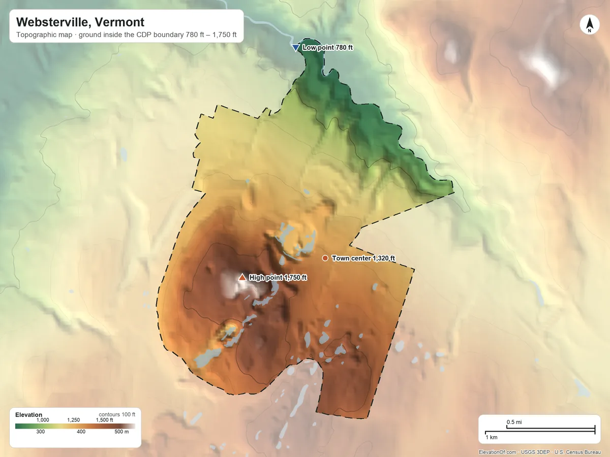Topographic elevation map of Websterville, Vermont, shaded from 780 ft on the north side to 1,750 ft on Millstone Hill