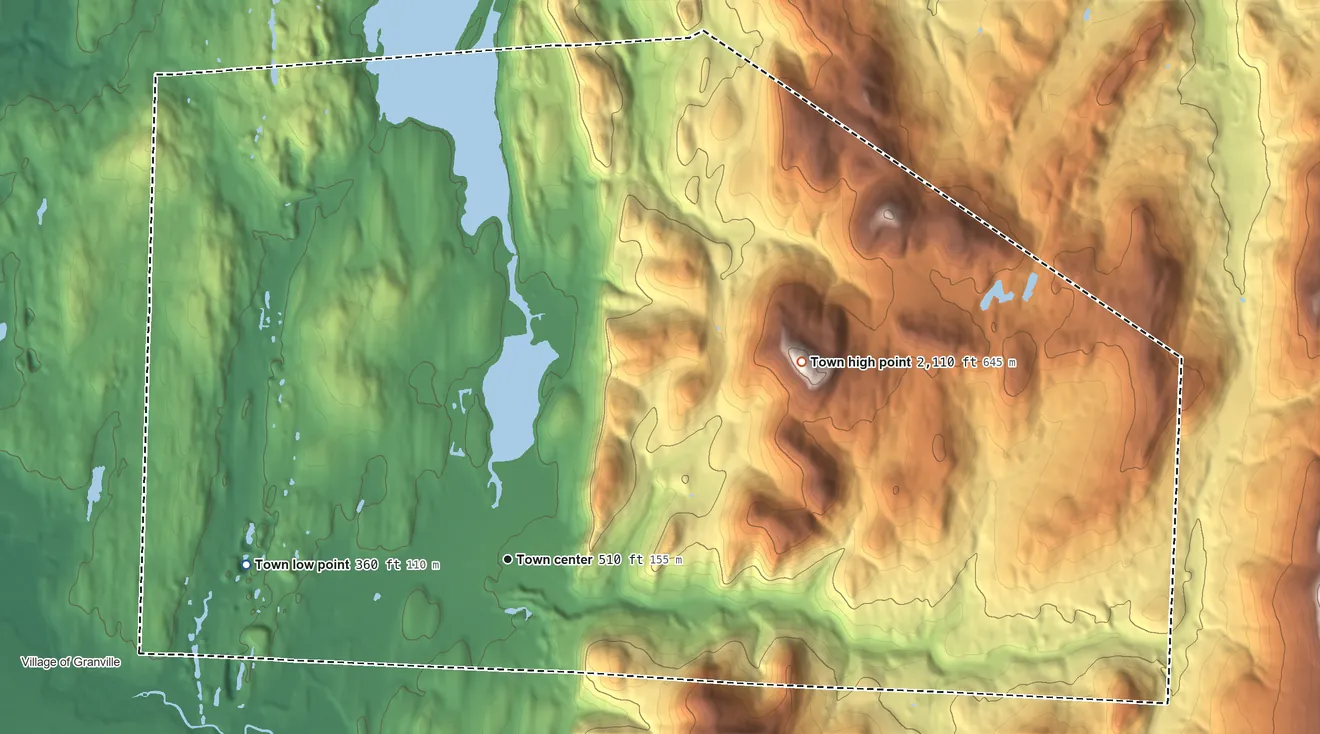 Topographic elevation map of Wells, Vermont, shaded from 360 ft on the west side to 2,110 ft on Northeast Mountain