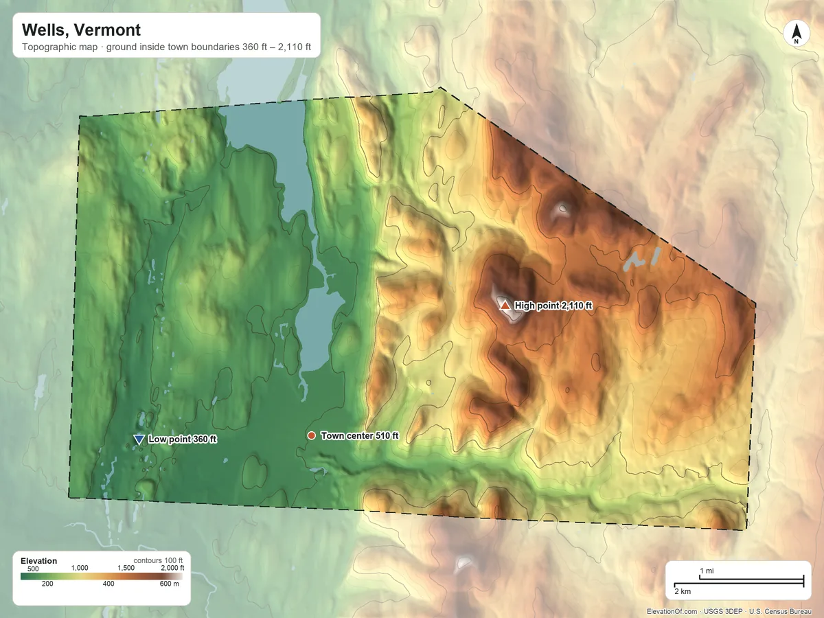 Topographic elevation map of Wells, Vermont, shaded from 360 ft on the west side to 2,110 ft on Northeast Mountain