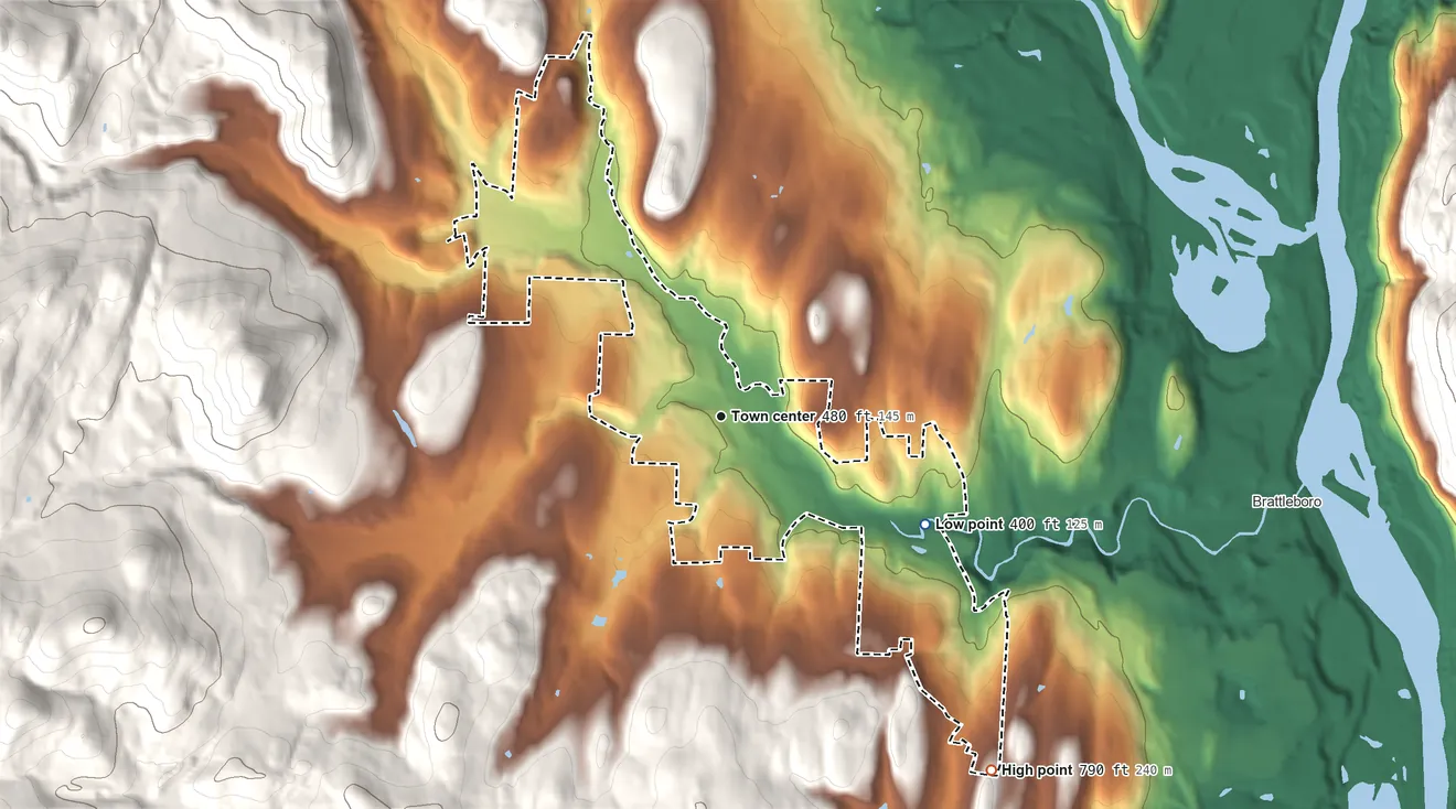 Topographic elevation map of West Brattleboro, Vermont, shaded from 400 ft on the southeast side to 790 ft on the southeast side