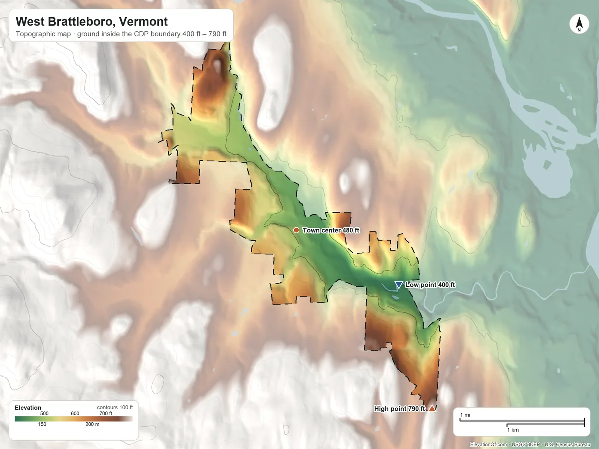 Topographic elevation map of West Brattleboro, Vermont, shaded from 400 ft on the southeast side to 790 ft on the southeast side