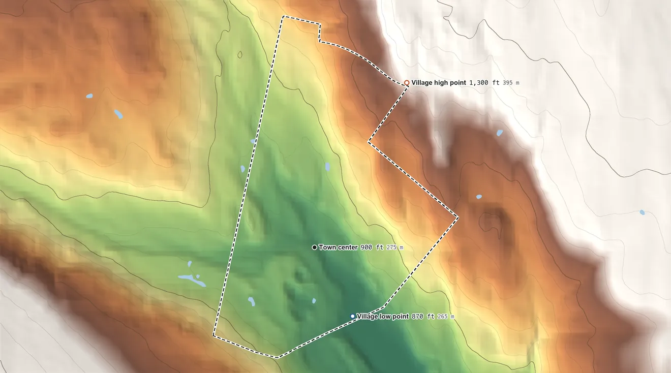 Topographic elevation map of West Burke, Vermont, shaded from 870 ft on the southeast side to 1,300 ft at the foot of the East Haven Range
