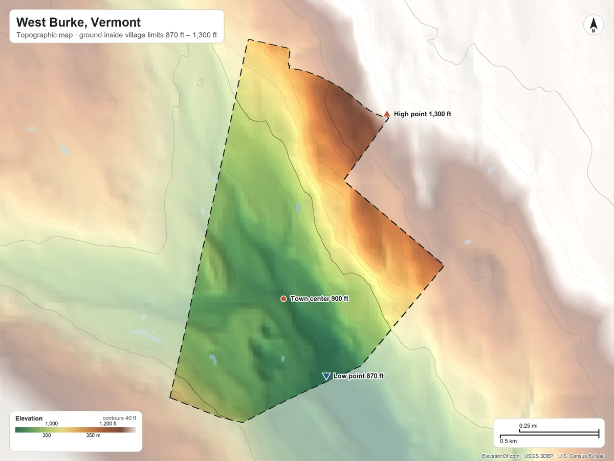 Topographic elevation map of West Burke, Vermont, shaded from 870 ft on the southeast side to 1,300 ft at the foot of the East Haven Range
