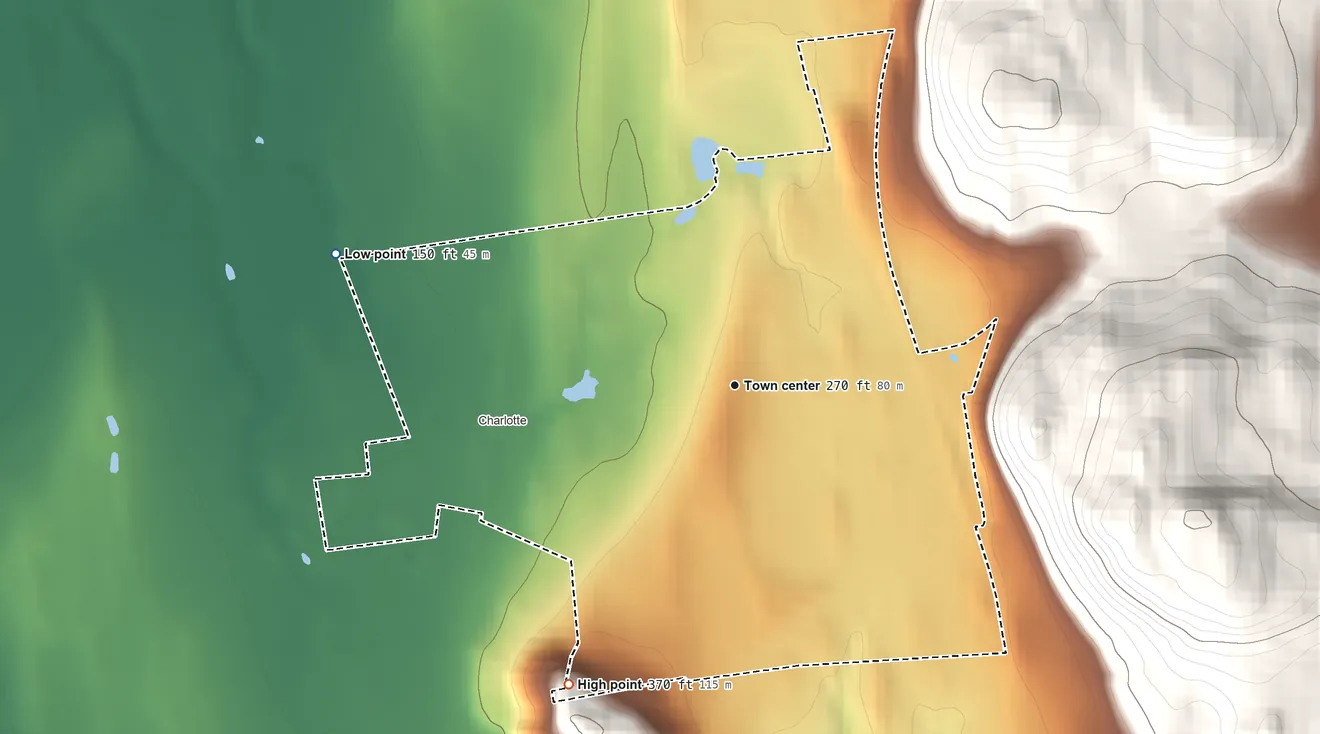 Topographic elevation map of West Charlotte, Vermont, shaded from 150 ft on the west side to 370 ft on the southwest edge, below higher ground just outside