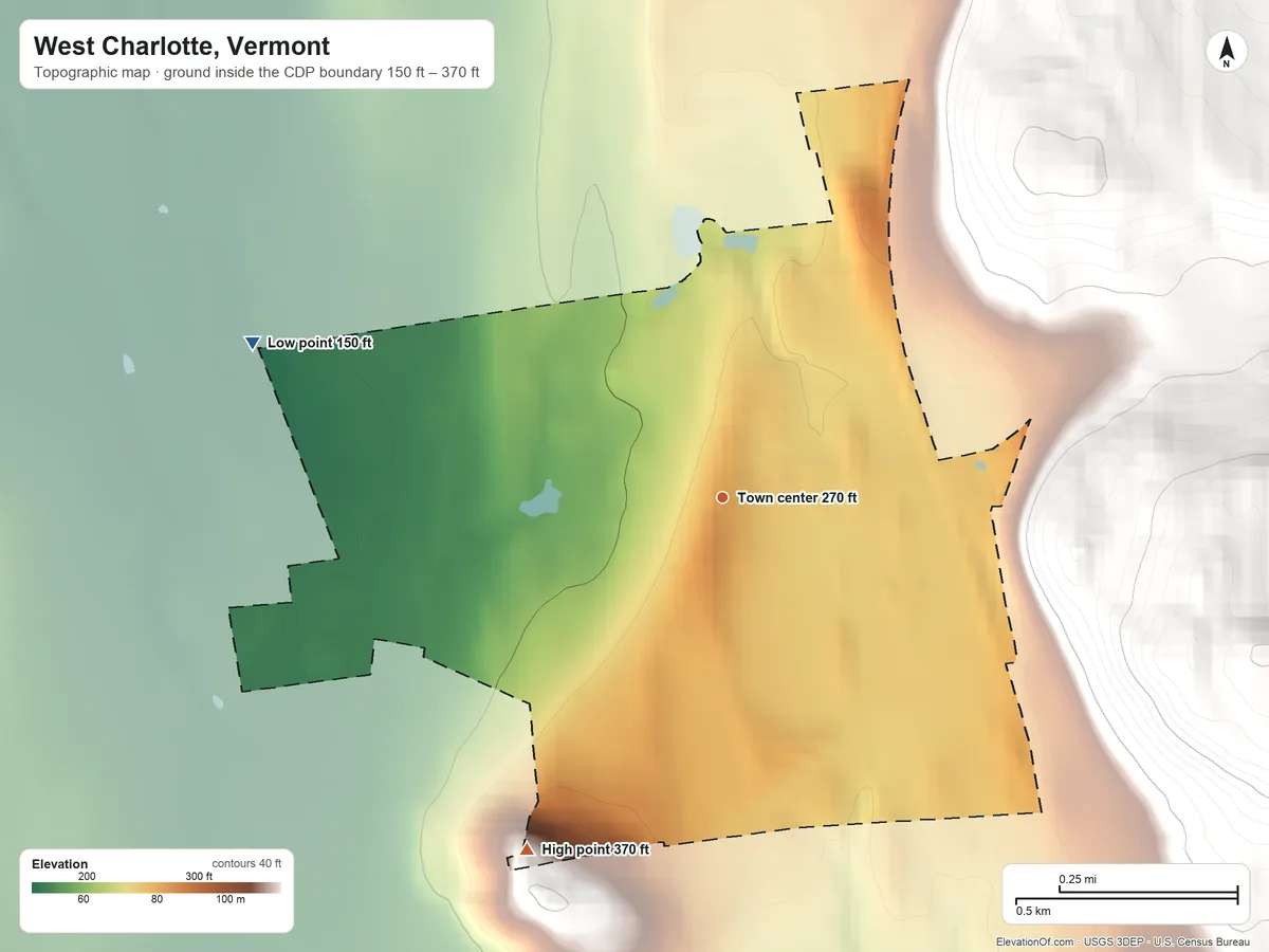 Topographic elevation map of West Charlotte, Vermont, shaded from 150 ft on the west side to 370 ft on the southwest edge, below higher ground just outside