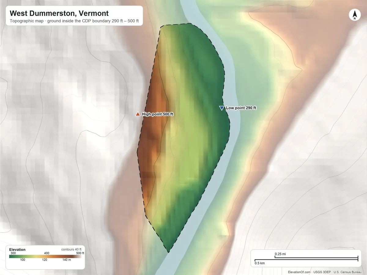 Topographic elevation map of West Dummerston, Vermont, shaded from 290 ft on the northeast side to 500 ft on the northwest edge, below higher ground just outside