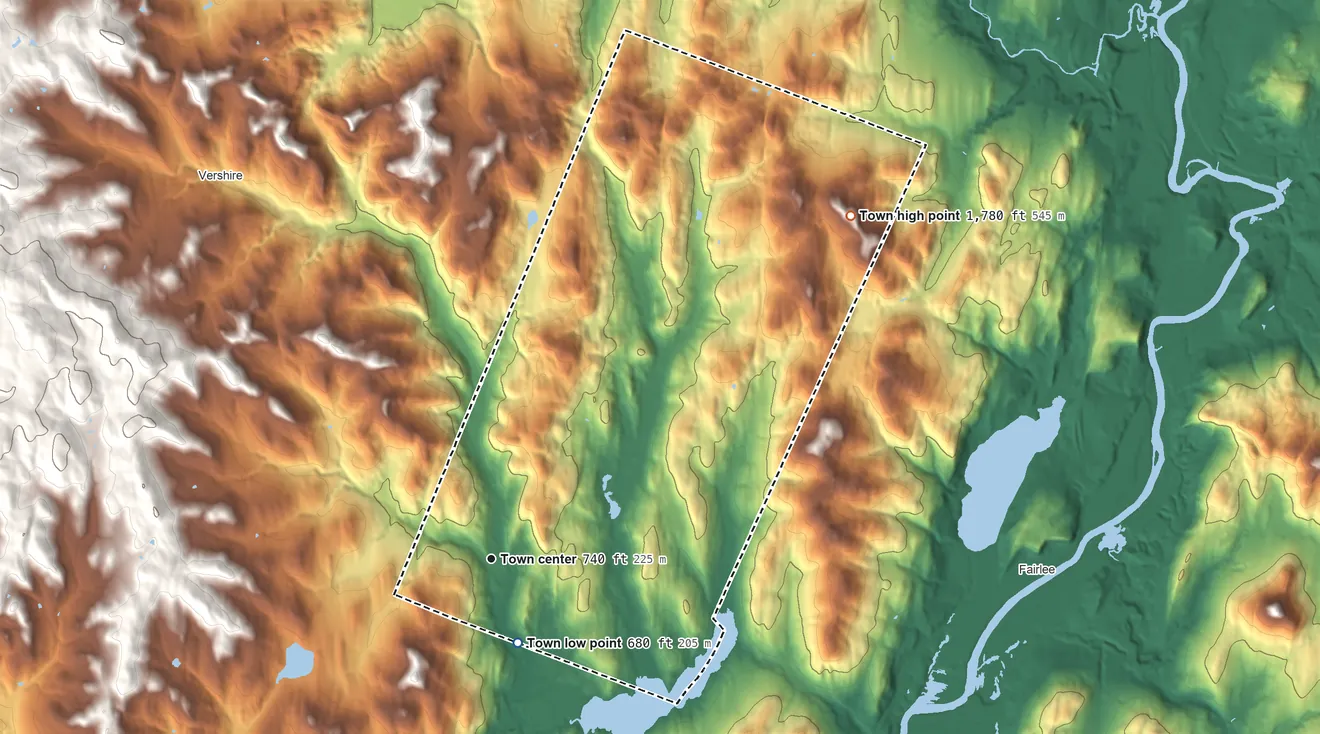 Topographic elevation map of West Fairlee, Vermont, shaded from 680 ft on the south side to 1,780 ft on the northeast side