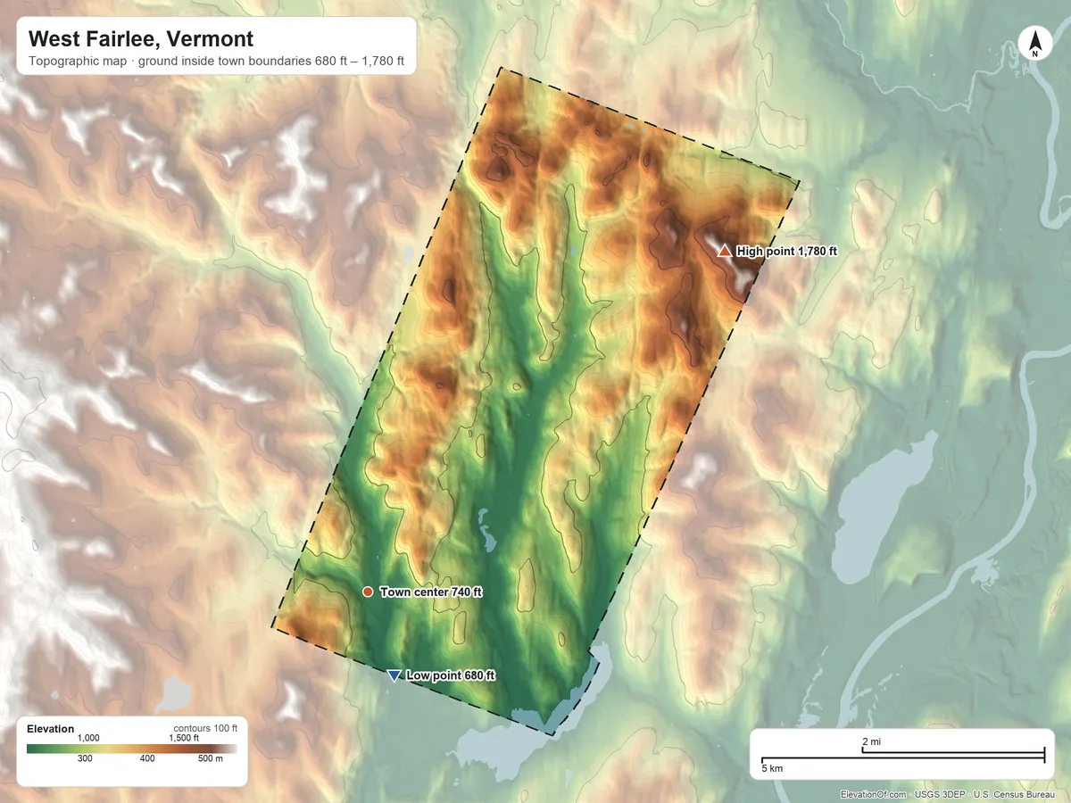 Topographic elevation map of West Fairlee, Vermont, shaded from 680 ft on the south side to 1,780 ft on the northeast side