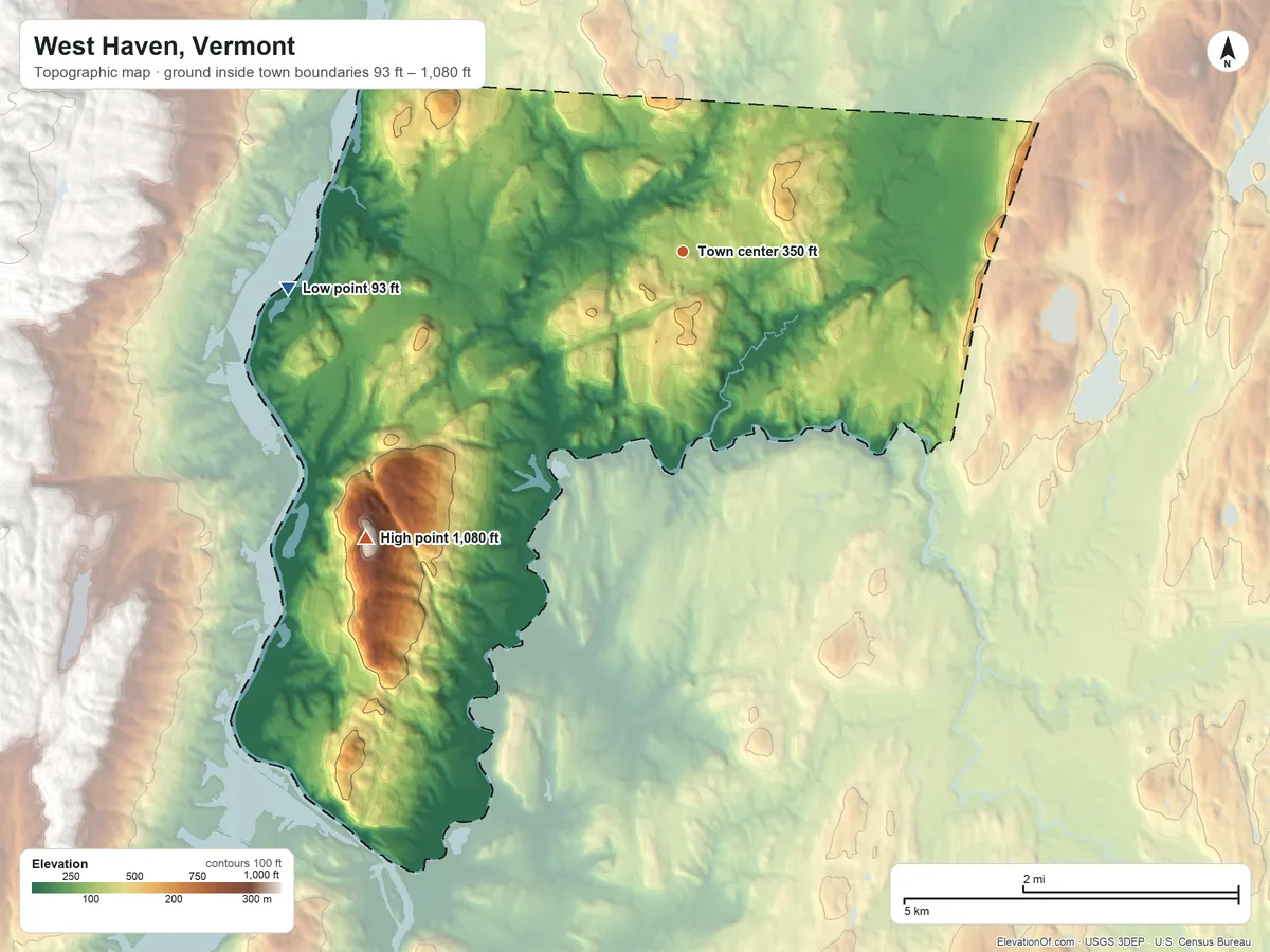 Topographic elevation map of West Haven, Vermont, shaded from 93 ft on the west side to 1,080 ft on Bald Mountain