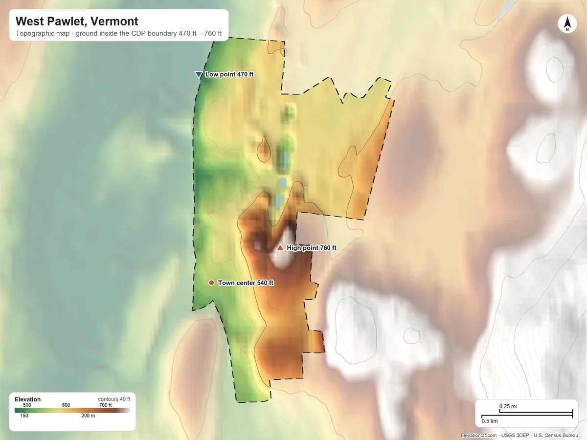 Topographic elevation map of West Pawlet, Vermont, shaded from 470 ft on the north side to 760 ft on the northeast edge, below higher ground just outside