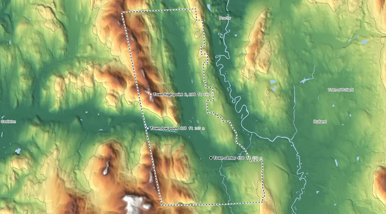 Topographic elevation map of West Rutland, Vermont, shaded from 480 ft on the northwest side to 2,100 ft on the northwest side