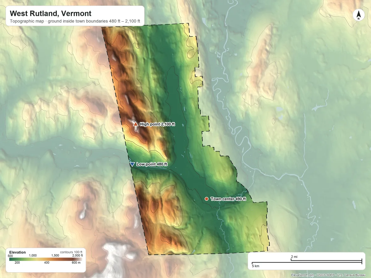 Topographic elevation map of West Rutland, Vermont, shaded from 480 ft on the northwest side to 2,100 ft on the northwest side
