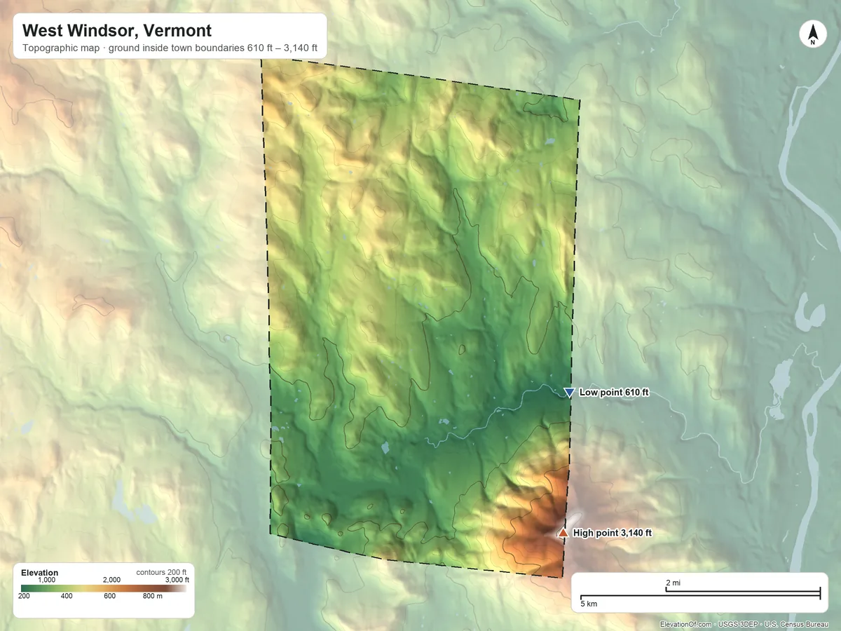 Topographic elevation map of West Windsor, Vermont, shaded from 610 ft on the east side to 3,140 ft on Mount Ascutney