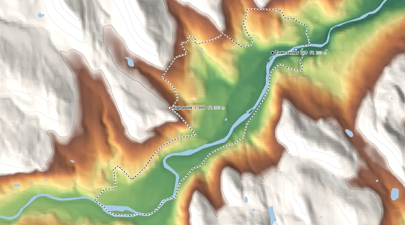 Topographic elevation map of West Woodstock, Vermont, shaded from 700 ft near the middle to 1,000 ft at the foot of the Coolidge Range