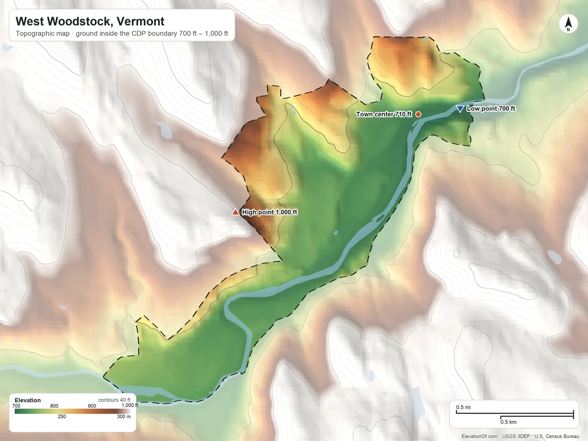 Topographic elevation map of West Woodstock, Vermont, shaded from 700 ft near the middle to 1,000 ft at the foot of the Coolidge Range