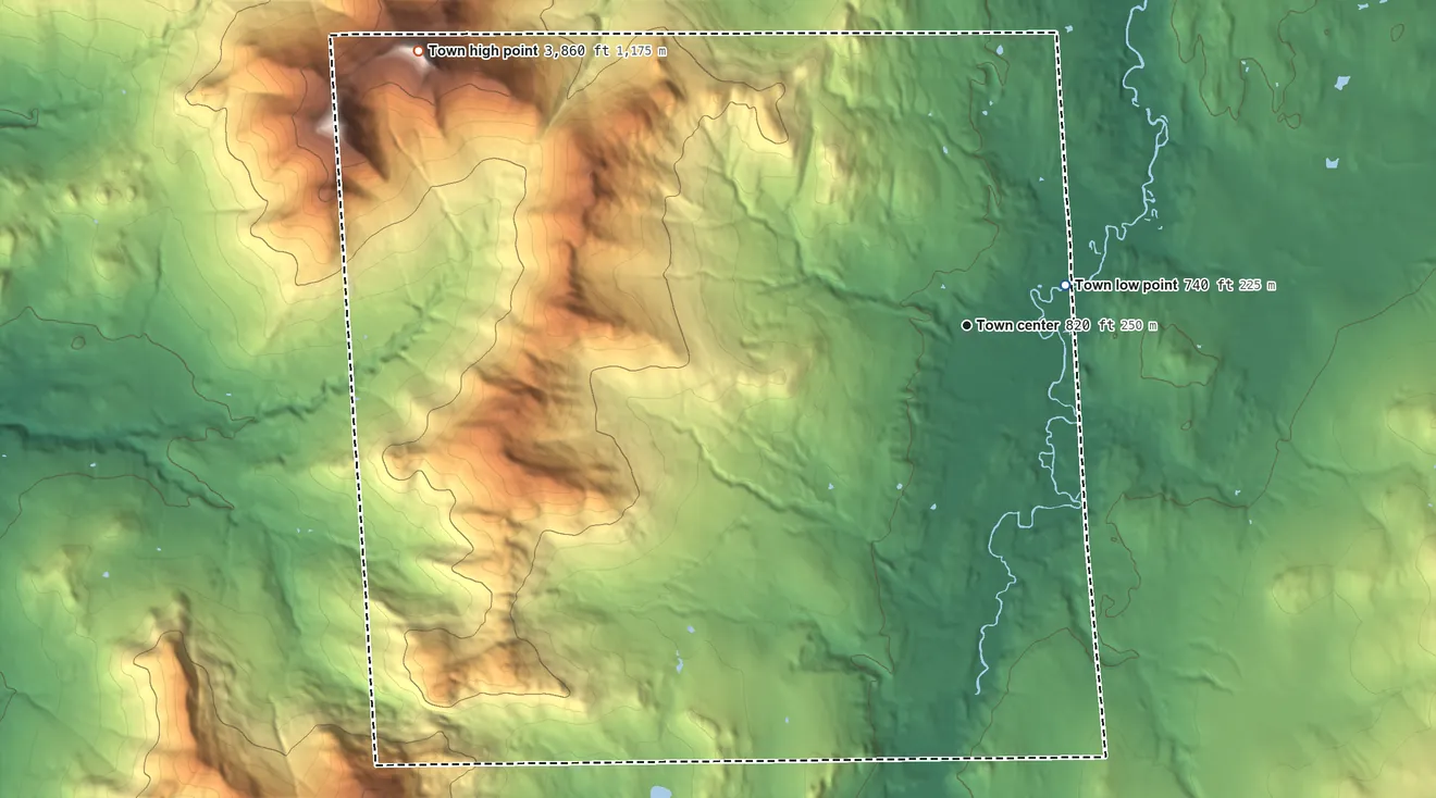 Topographic elevation map of Westfield, Vermont, shaded from 740 ft near the middle to 3,862 ft on Jay Peak