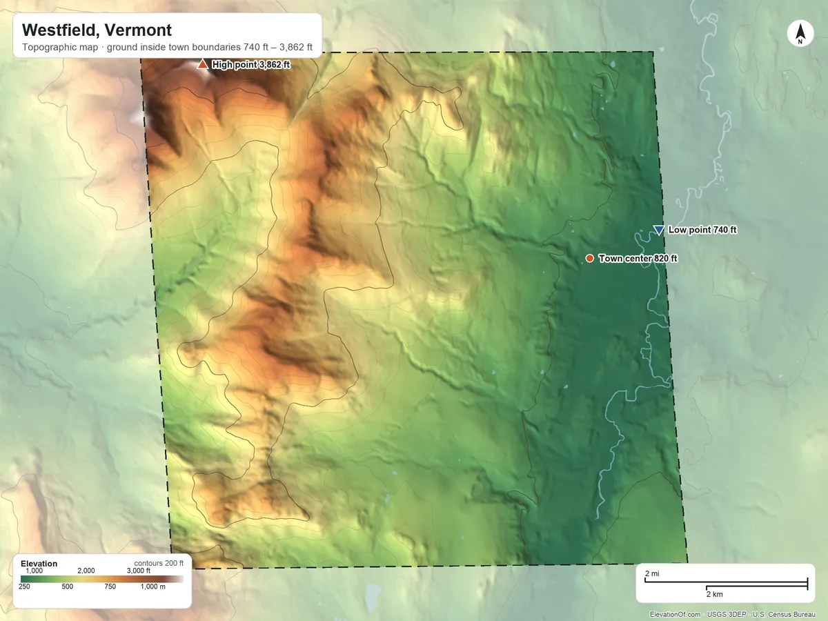 Topographic elevation map of Westfield, Vermont, shaded from 740 ft near the middle to 3,862 ft on Jay Peak