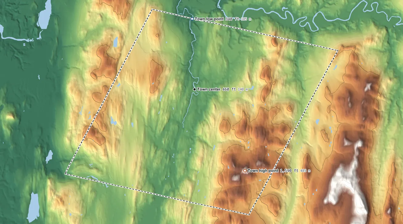 Topographic elevation map of Westford, Vermont, shaded from 340 ft on the north side to 1,590 ft on Stewart Hill