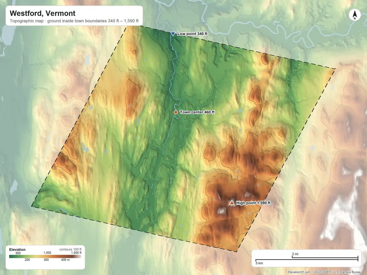 Topographic elevation map of Westford, Vermont, shaded from 340 ft on the north side to 1,590 ft on Stewart Hill