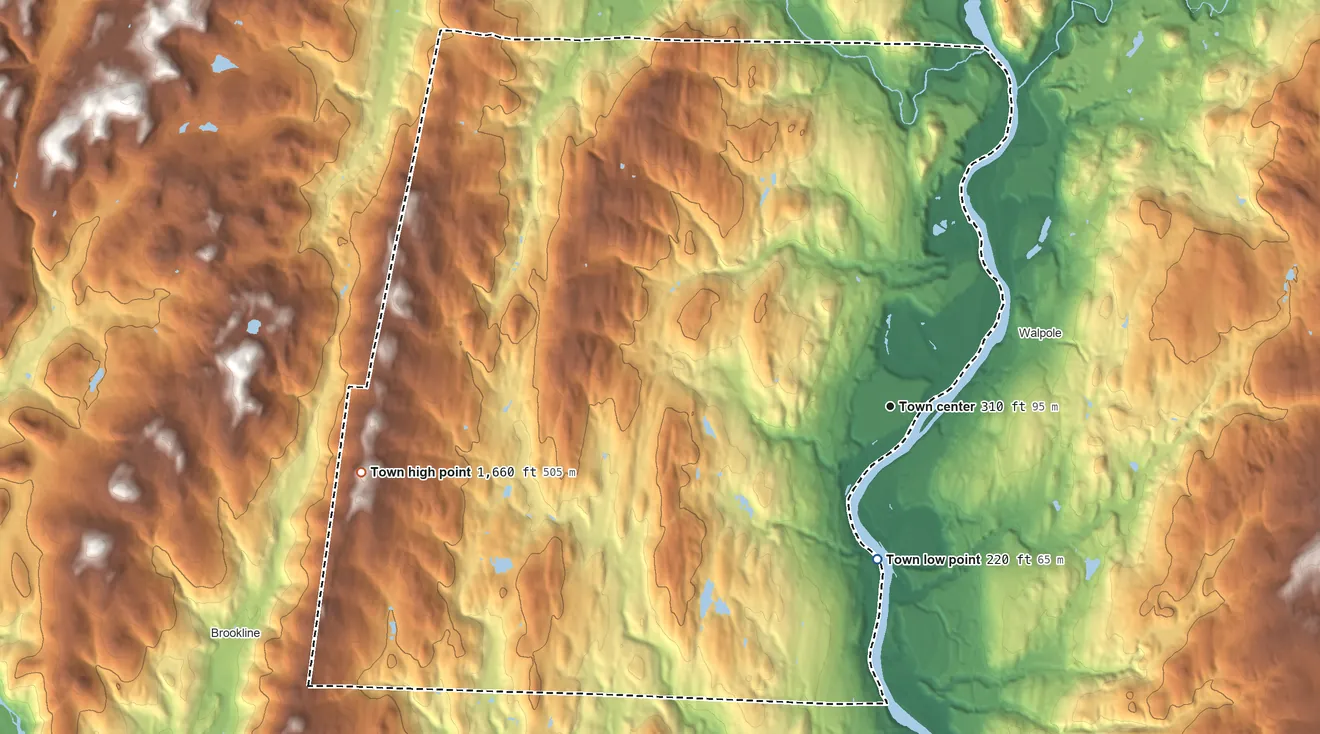 Topographic elevation map of Westminster, Vermont, shaded from 220 ft on the south side to 1,660 ft on Windmill Mountain