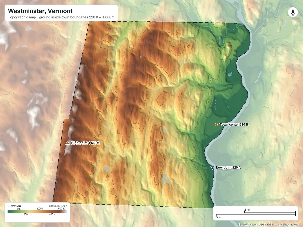 Topographic elevation map of Westminster, Vermont, shaded from 220 ft on the south side to 1,660 ft on Windmill Mountain