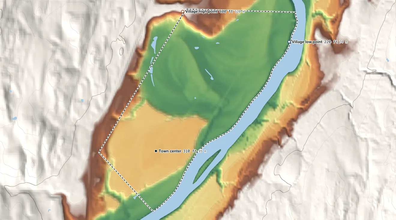 Topographic elevation map of Village of Westminster, Vermont, shaded from 220 ft on the northeast side to 400 ft on the north edge, below higher ground just outside