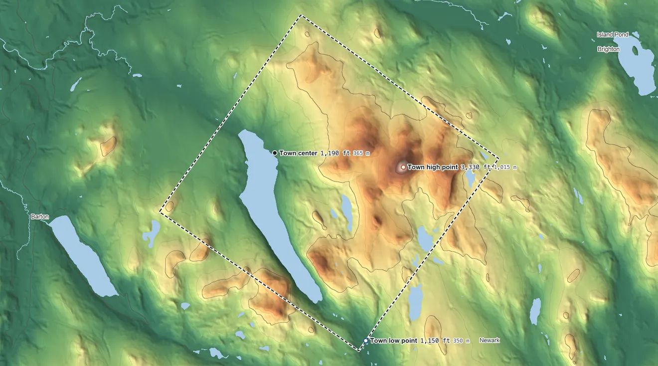 Topographic elevation map of Westmore, Vermont, shaded from 1,150 ft on the southeast side to 3,327 ft on Bald Mountain