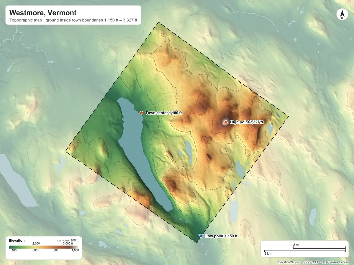 Topographic elevation map of Westmore, Vermont, shaded from 1,150 ft on the southeast side to 3,327 ft on Bald Mountain