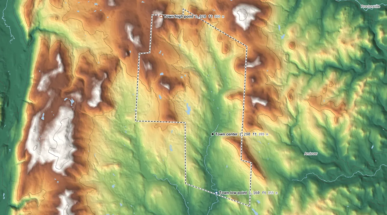 Topographic elevation map of Weston, Vermont, shaded from 1,160 ft on the south side to 2,820 ft on the northwest side