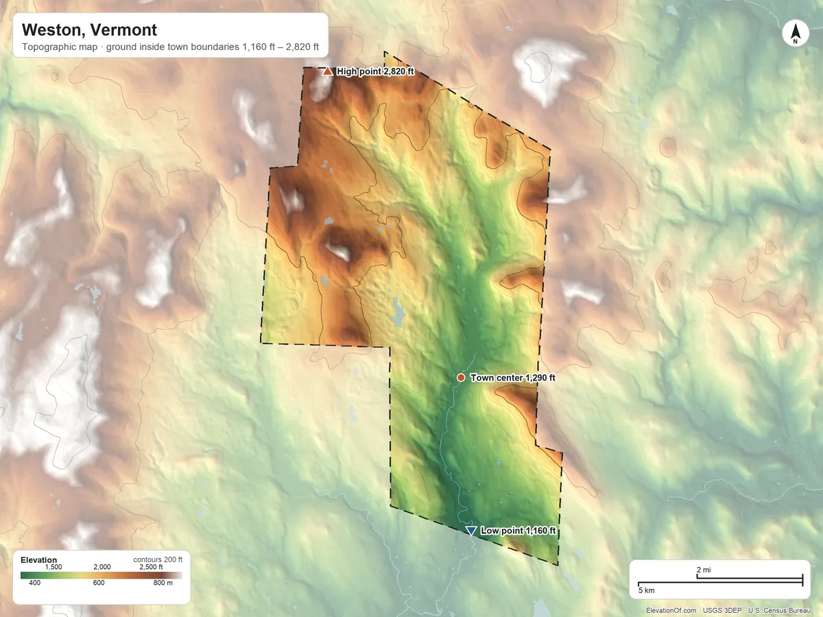 Topographic elevation map of Weston, Vermont, shaded from 1,160 ft on the south side to 2,820 ft on the northwest side