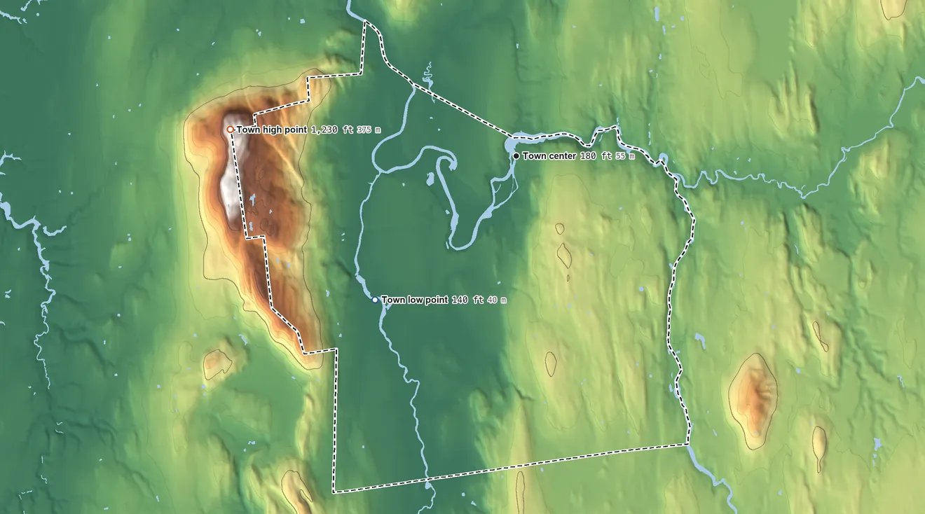 Topographic elevation map of Weybridge, Vermont, shaded from 140 ft on the southwest side to 1,230 ft on the west side